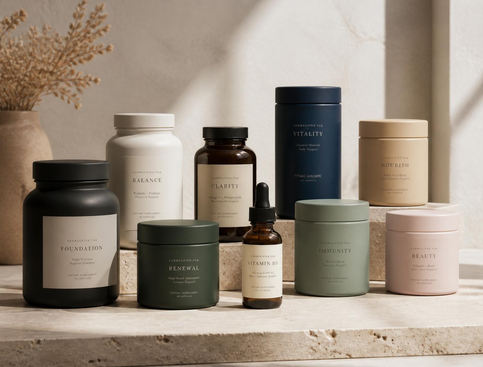 Neun Premium-Supplement-Dosen mit deinem Markennamen: Ashwagandha, Magnesium, Omega 3, Collagen, Vitamin D3, Kurkuma, Creatin, Probiotik, Hyaluron.
